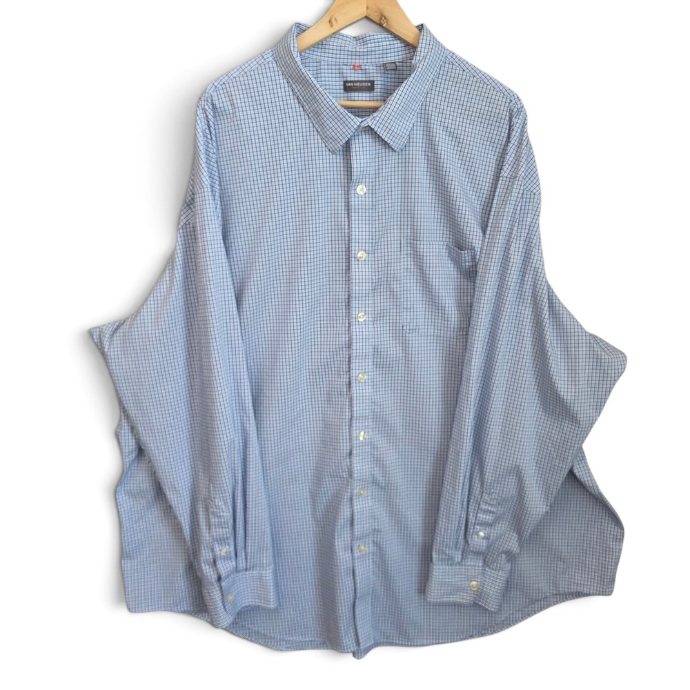 Van Heusen Traveler Dress Shirt Mens 4XL 21-21.5 Blue Plaid Check Button LS